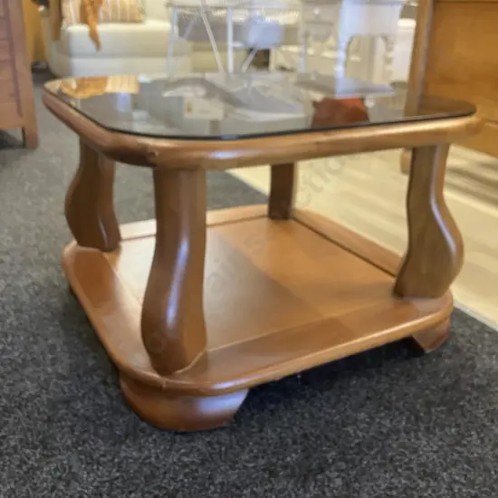 Mid Century Modern Rimu Coffee Table, Smoked Glass Top. 48 x 72cm
