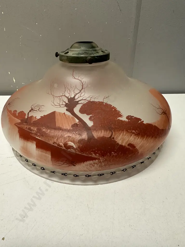 Vintage Hand Painted Glass Country Scene Light Shade H17,Dia32cm. Image 1++