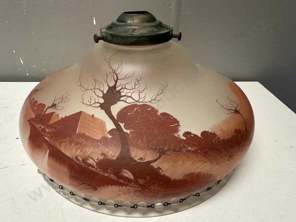 Vintage Hand Painted Glass Country Scene Light Shade H17,Dia32cm. Image 1++