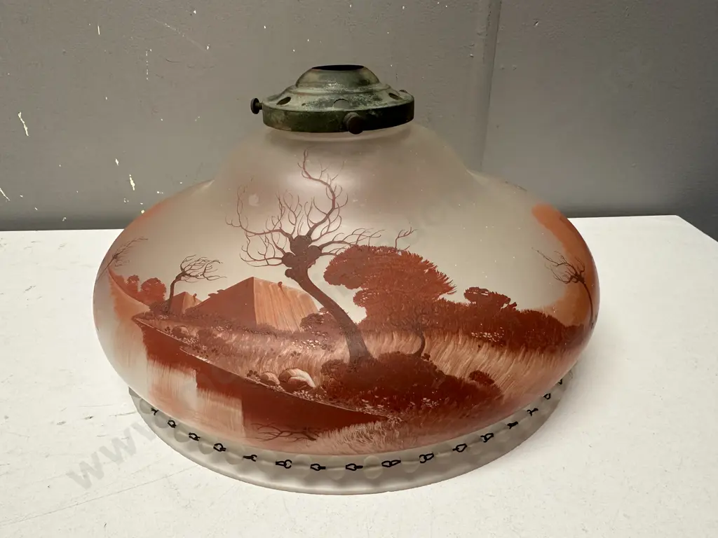 Vintage Hand Painted Glass Country Scene Light Shade H17,Dia32cm. Image 1++