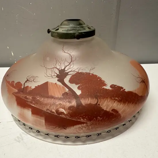 Vintage Hand Painted Glass Country Scene Light Shade H17,Dia32cm.