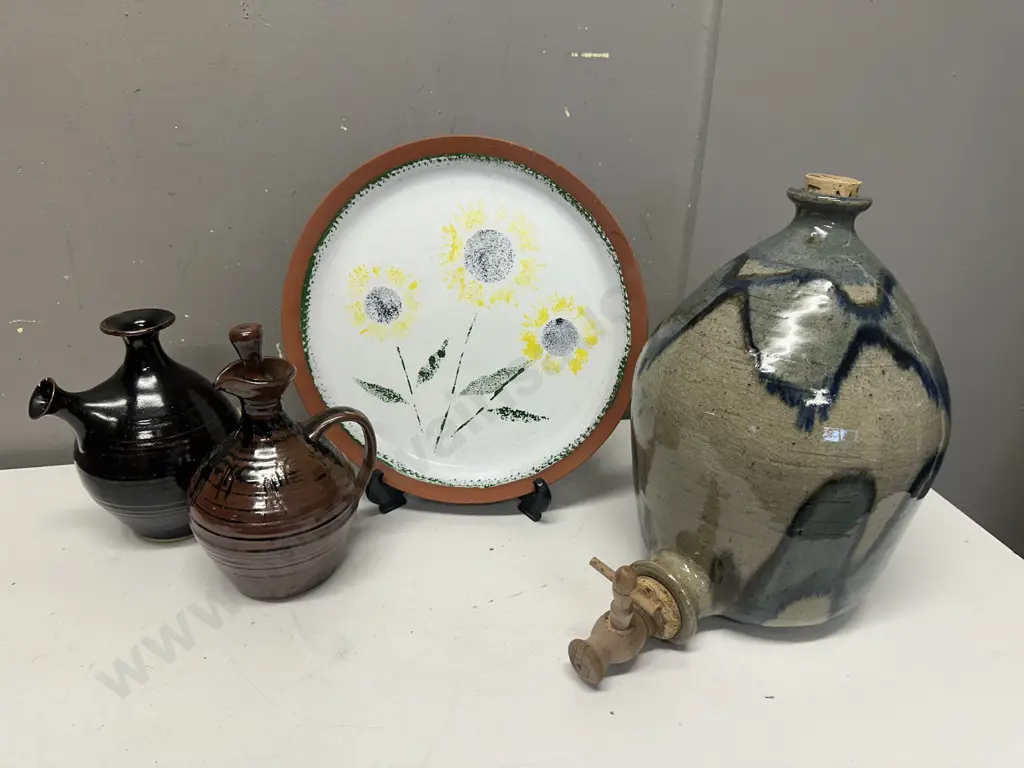 Vintage Pottery Glazed Decanters & Signed RN Pottery Plate Vintage Condition Image 1++