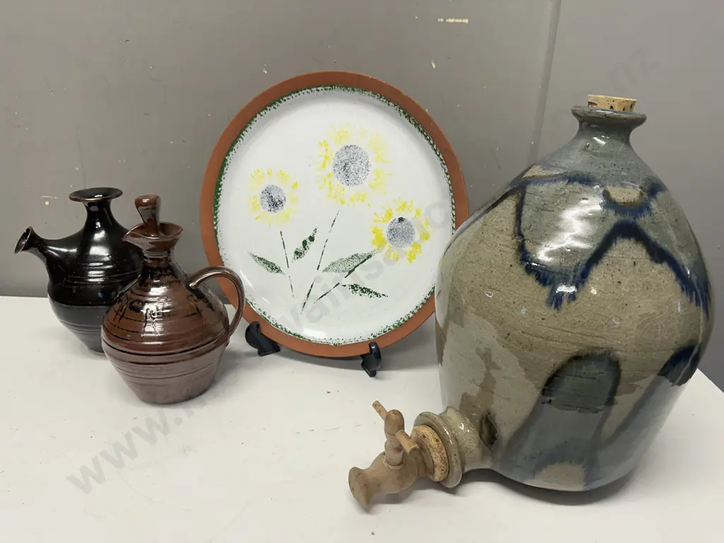 Vintage Pottery Glazed Decanters & Signed RN Pottery Plate Vintage Condition Image 1++