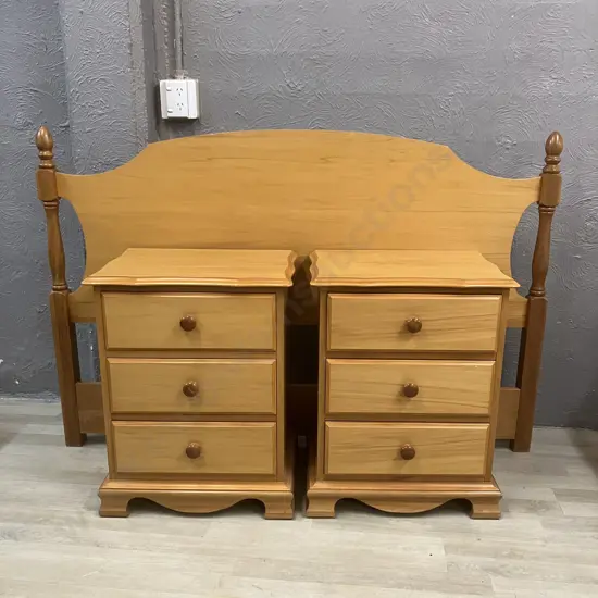 Pair of DA Lewis (ChCh) Rimu 3 Drawer Bedside Cabinets With a Queen Size Rimu Headboard