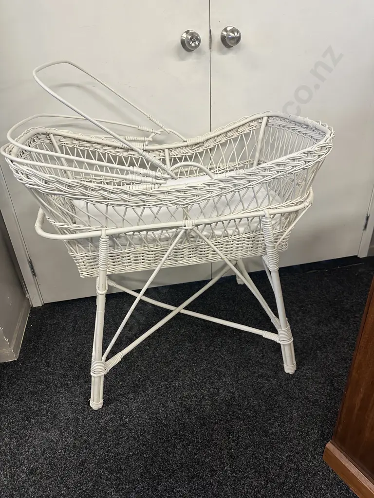 Vintage White Painted Cane Bassinet With Stand Image 1++