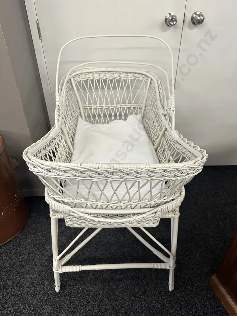 Vintage White Painted Cane Bassinet With Stand Image 1++