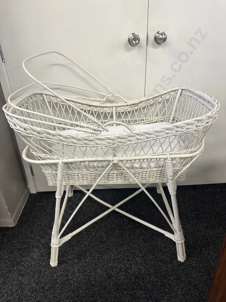 Vintage White Painted Cane Bassinet With Stand Image 1++