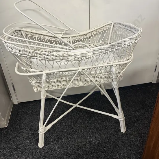 Vintage White Painted Cane Bassinet With Stand
