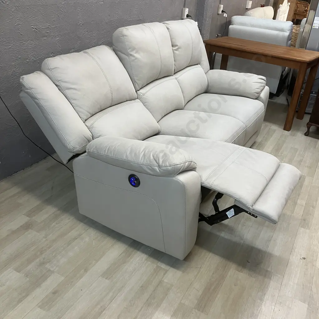 Cream Leatherette 3 Seater Power Recliner Sofa With 2 x USB Charging Ports Image 1++
