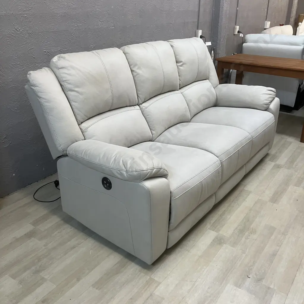 Cream Leatherette 3 Seater Power Recliner Sofa With 2 x USB Charging Ports Image 1++