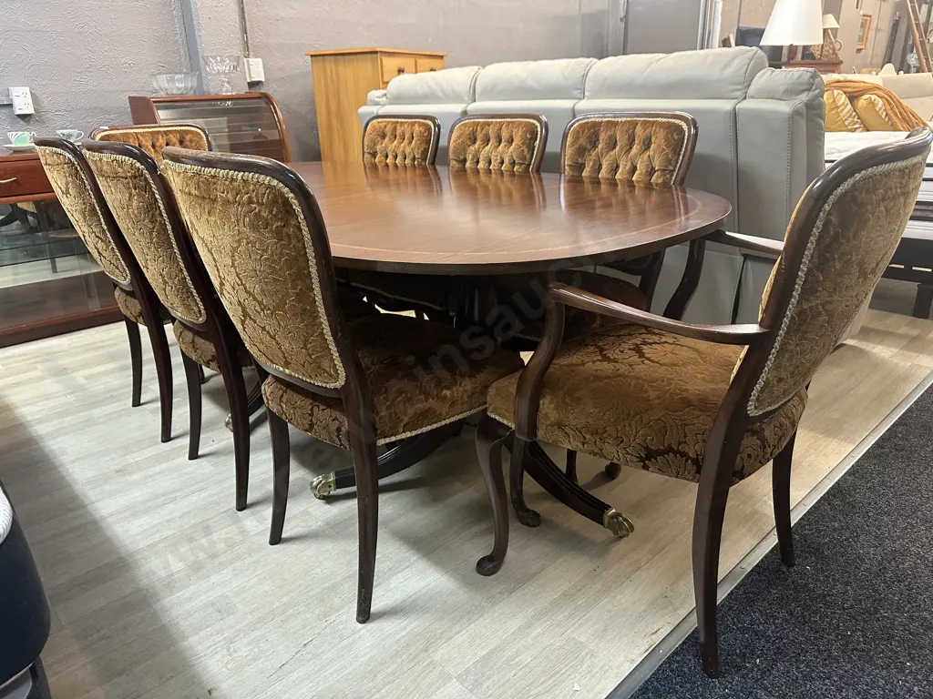 Mahogany & Marquetry Detailed Oval Extension Dining Table With 8 Dining Chairs Including 2 Carver Image 1++