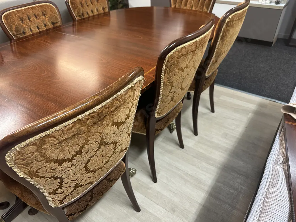 Mahogany & Marquetry Detailed Oval Extension Dining Table With 8 Dining Chairs Including 2 Carver Image 1++