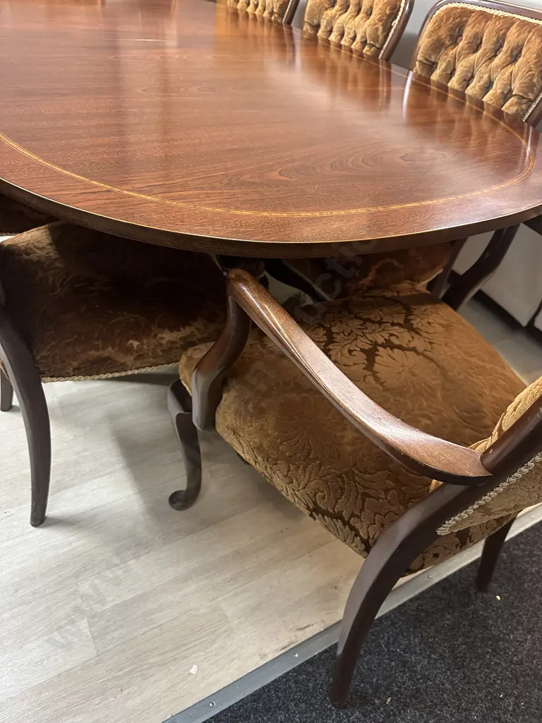 Mahogany & Marquetry Detailed Oval Extension Dining Table With 8 Dining Chairs Including 2 Carver Image 1++