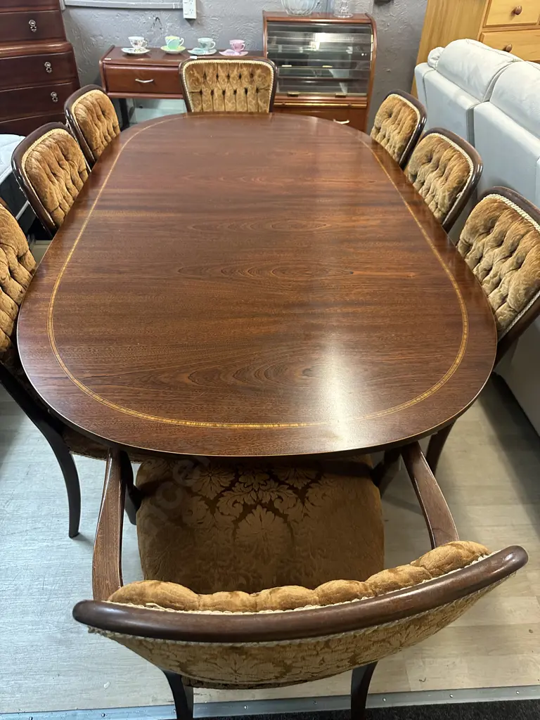Mahogany & Marquetry Detailed Oval Extension Dining Table With 8 Dining Chairs Including 2 Carver Image 1++