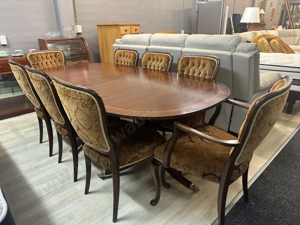Mahogany & Marquetry Detailed Oval Extension Dining Table With 8 Dining Chairs Including 2 Carver Image 1++