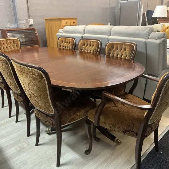Mahogany & Marquetry Detailed Oval Extension Dining Table With 8 Dining Chairs Including 2 Carver