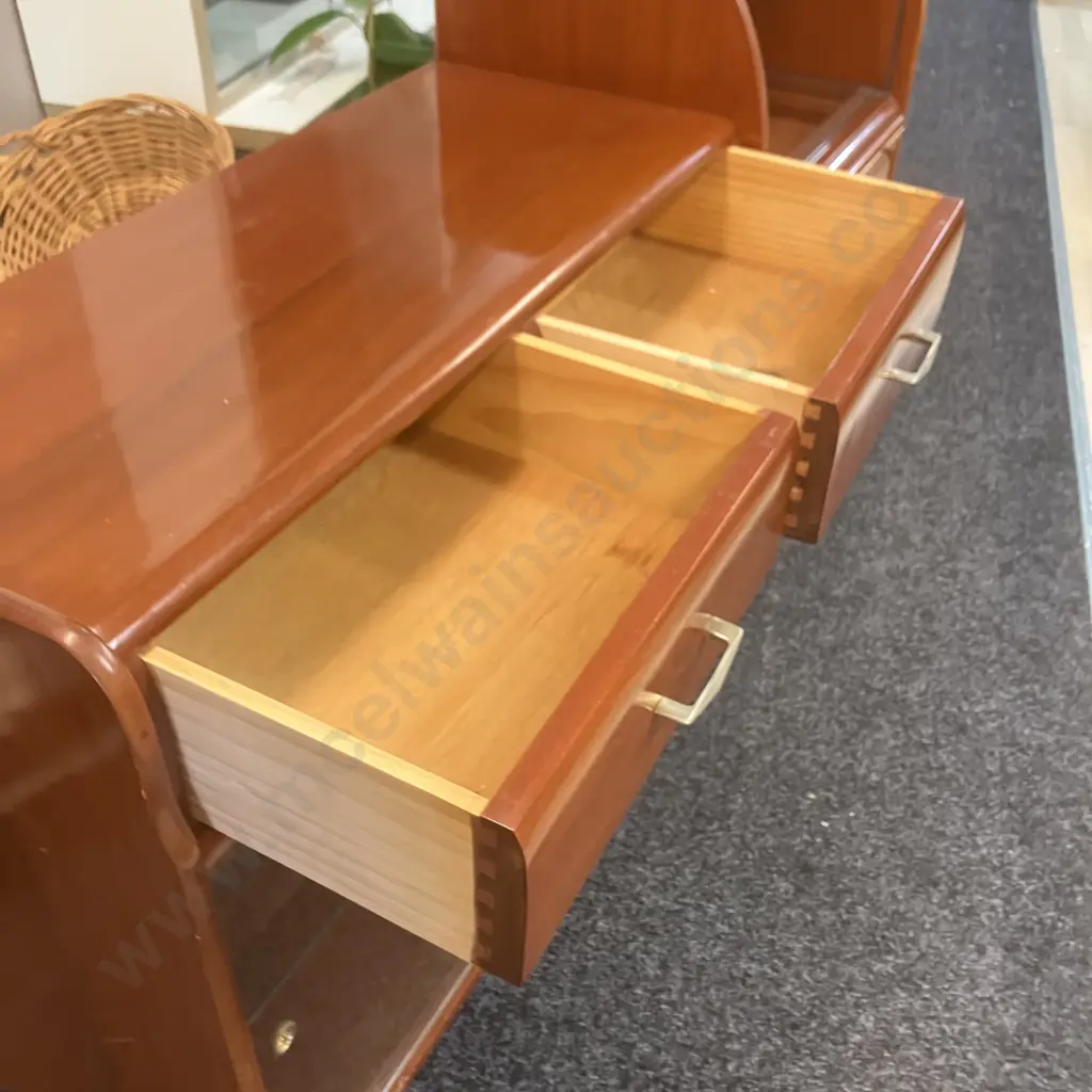 Art Deco Cocktail Cabinet, Clear Glass Roller Door & Sliding Doors, Mirror Backed, Pull Out Wood Tray. H100 W154 D40cm Image 1++