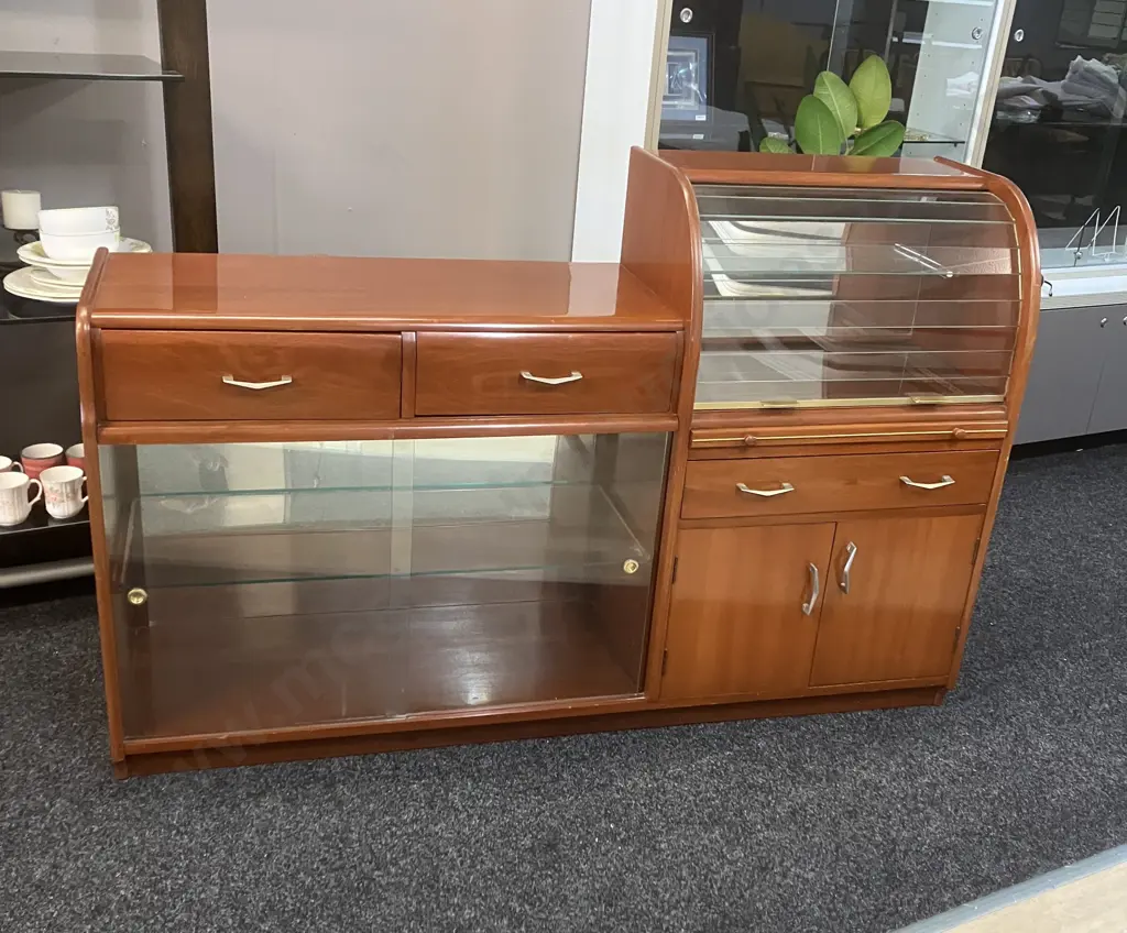 Art Deco Cocktail Cabinet, Clear Glass Roller Door & Sliding Doors, Mirror Backed, Pull Out Wood Tray. H100 W154 D40cm Image 1++
