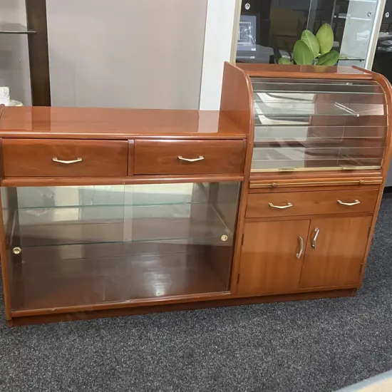 Art Deco Cocktail Cabinet, Clear Glass Roller Door & Sliding Doors, Mirror Backed, Pull Out Wood Tray. H100 W154 D40cm