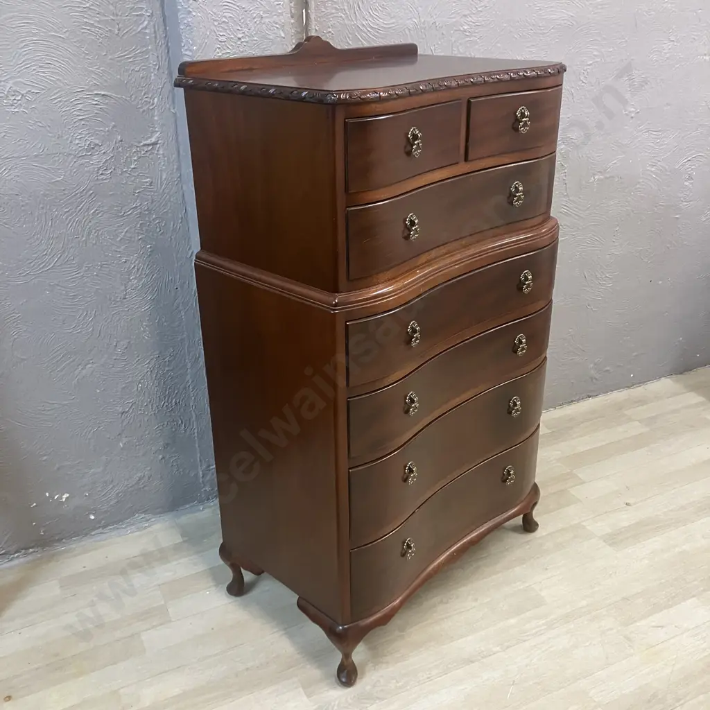 Queen Anne Style 7 Drawer Chest On Chest Unit, Cabriole Legs, Ornate Metal Drop Drawer Pills. H125 W69 D44cm Image 1++