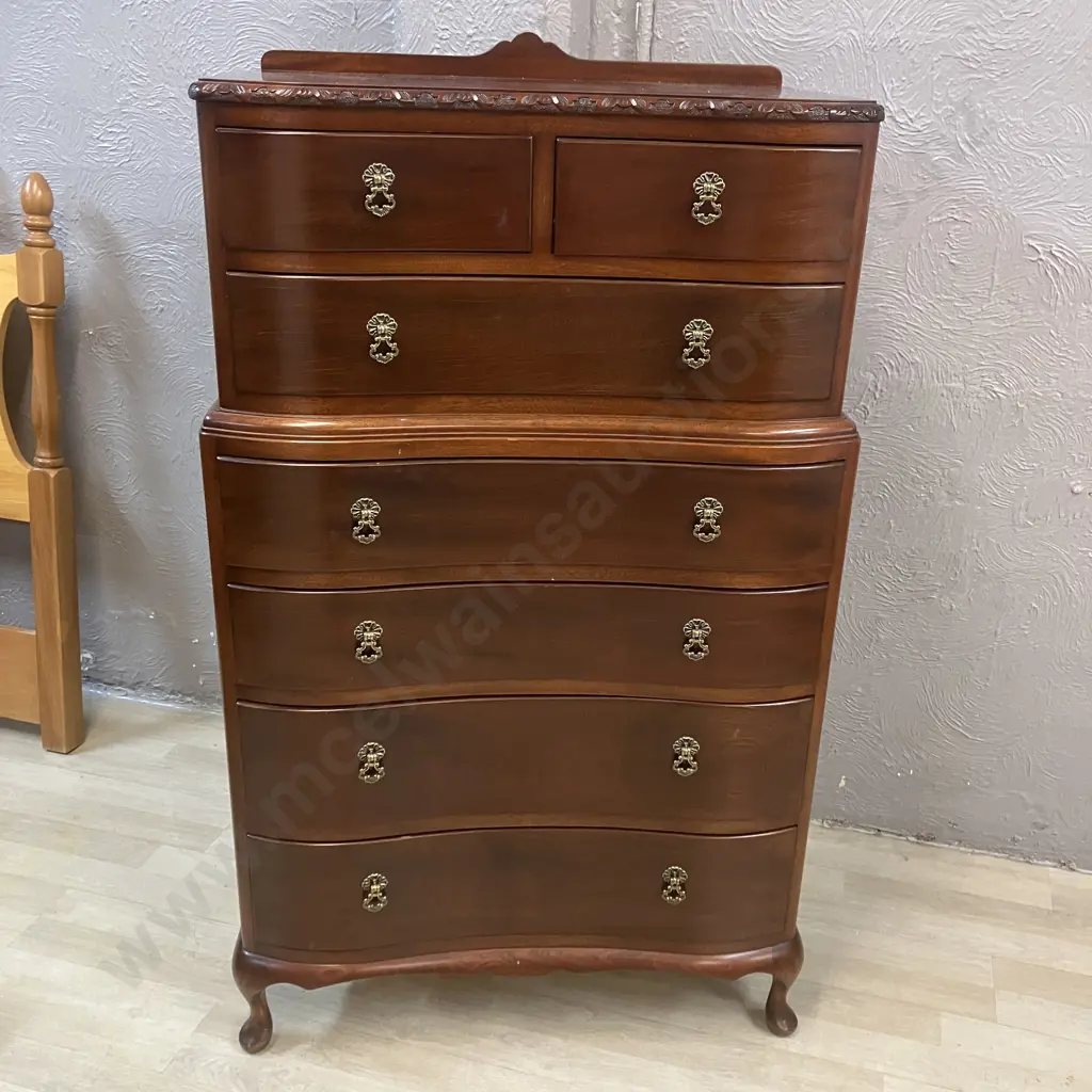 Queen Anne Style 7 Drawer Chest On Chest Unit, Cabriole Legs, Ornate Metal Drop Drawer Pills. H125 W69 D44cm Image 1++