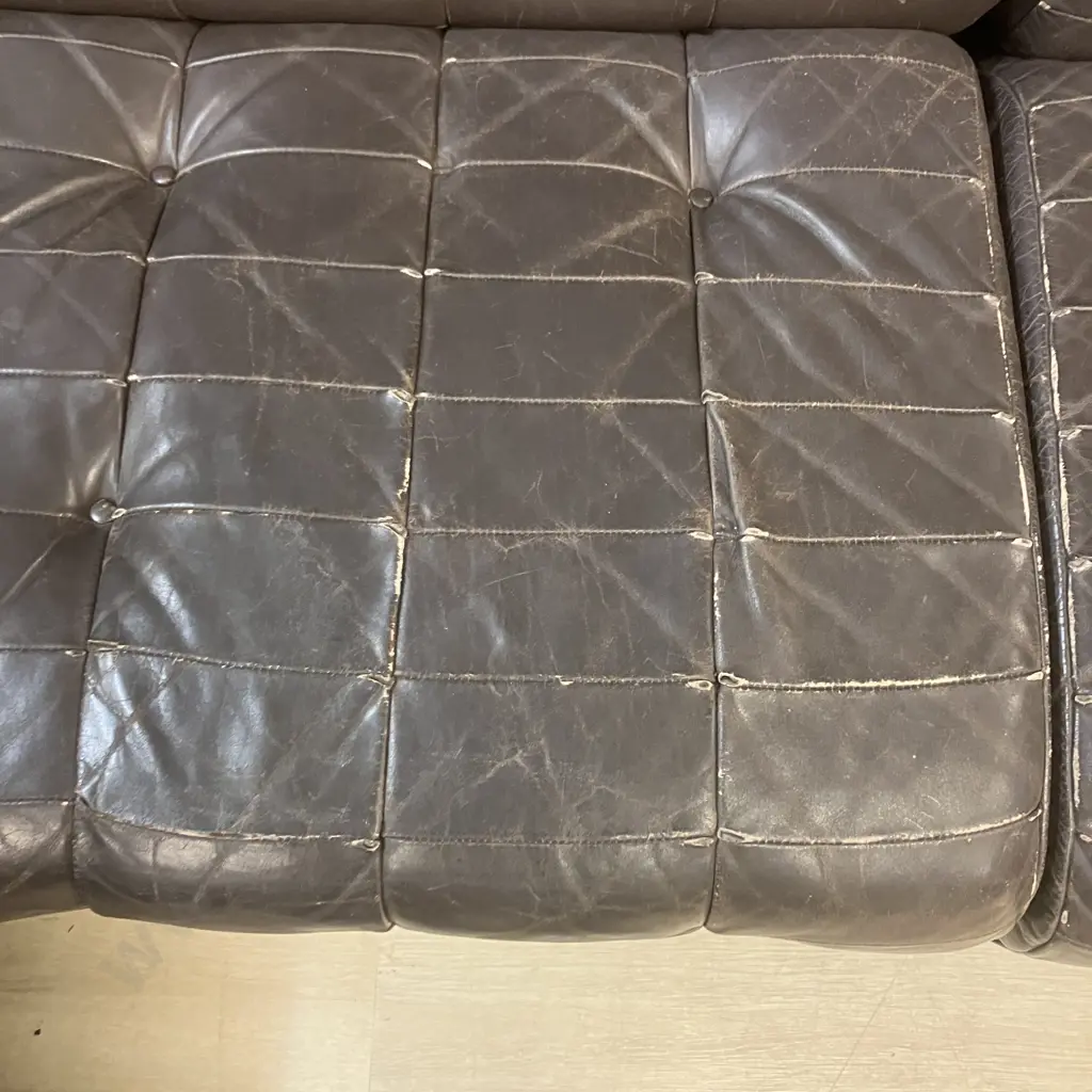 Vintage Button Back Chocolate Brown Leather Corner Couch With Turned Wooden Feet, Modular, 5 Piece. 250 x 250cm Image 1++