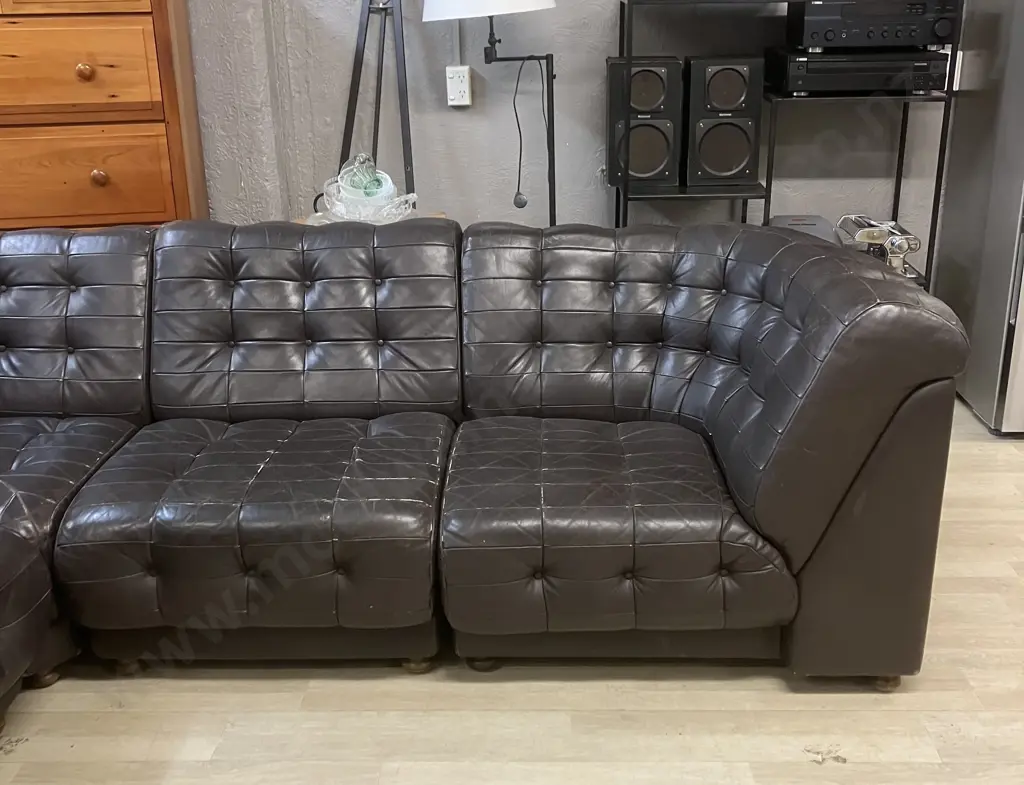 Vintage Button Back Chocolate Brown Leather Corner Couch With Turned Wooden Feet, Modular, 5 Piece. 250 x 250cm Image 1++
