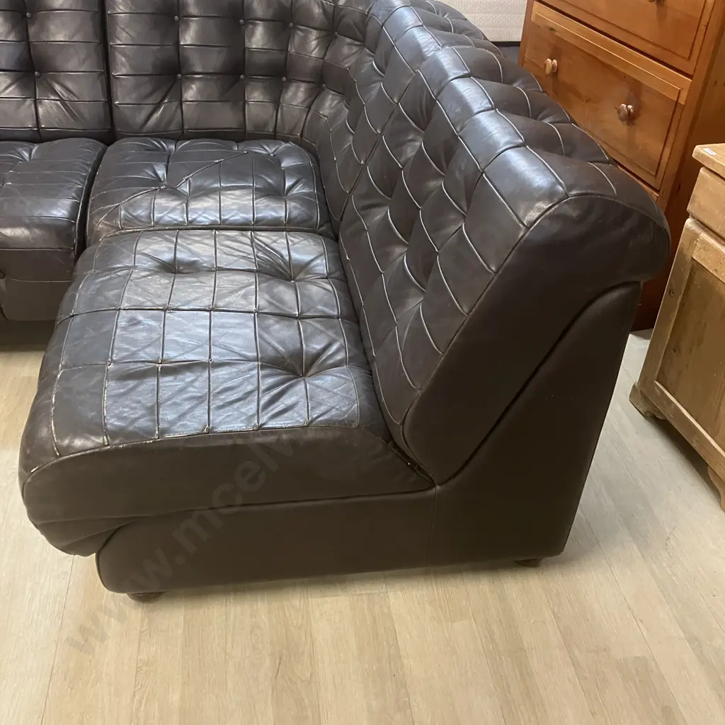 Vintage Button Back Chocolate Brown Leather Corner Couch With Turned Wooden Feet, Modular, 5 Piece. 250 x 250cm Image 1++