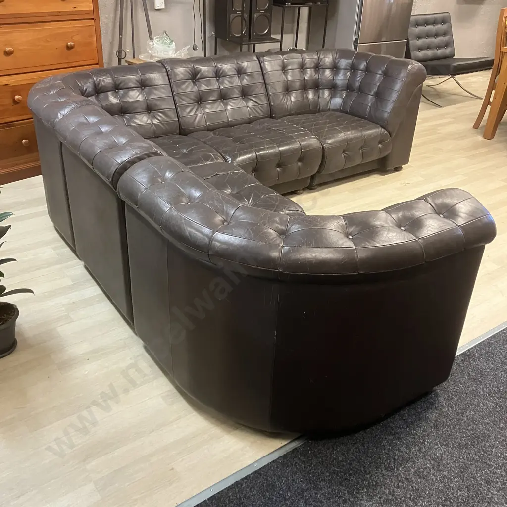 Vintage Button Back Chocolate Brown Leather Corner Couch With Turned Wooden Feet, Modular, 5 Piece. 250 x 250cm Image 1++