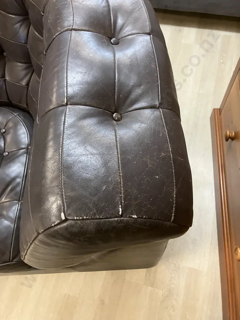 Vintage Button Back Chocolate Brown Leather Corner Couch With Turned Wooden Feet, Modular, 5 Piece. 250 x 250cm Image 1++