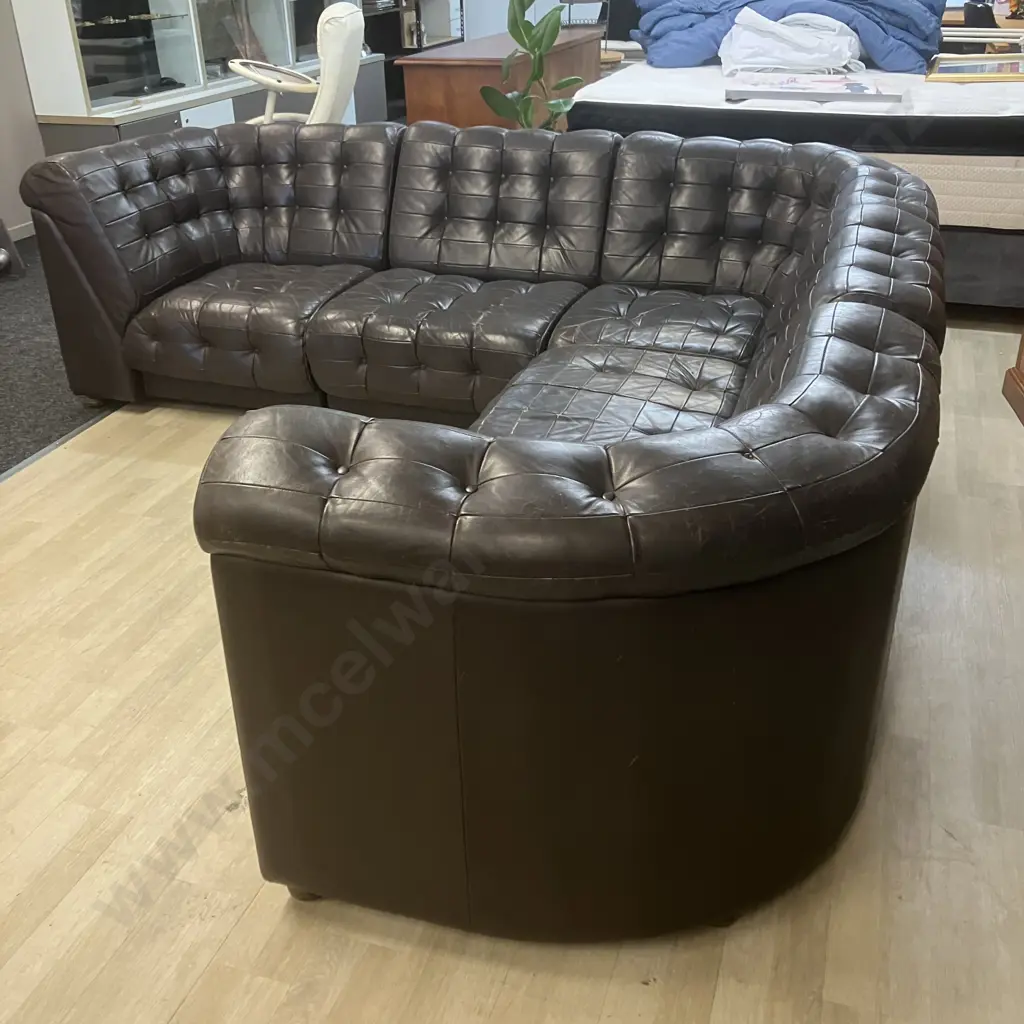 Vintage Button Back Chocolate Brown Leather Corner Couch With Turned Wooden Feet, Modular, 5 Piece. 250 x 250cm Image 1++