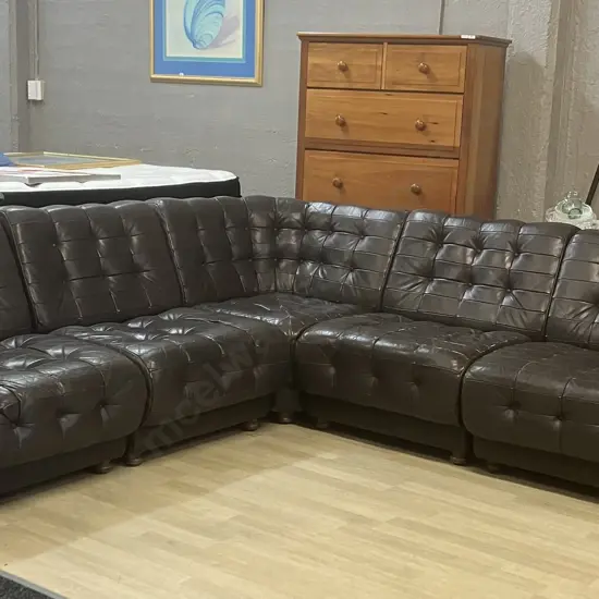 Vintage Button Back Chocolate Brown Leather Corner Couch With Turned Wooden Feet, Modular, 5 Piece. 250 x 250cm