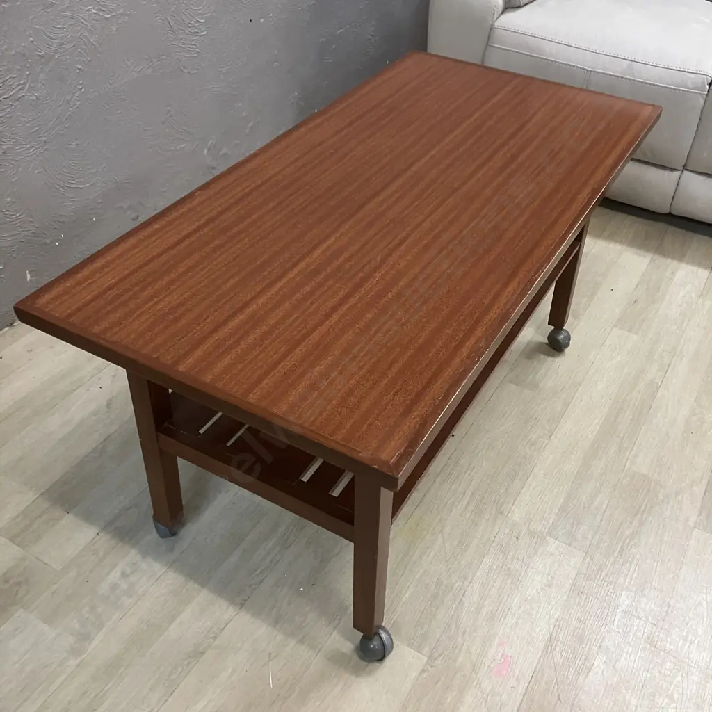 Mid Century Modern Veneer Occasional Table With Slat Undershelf, On Castors. H52 W103.5 D51cm Image 1++