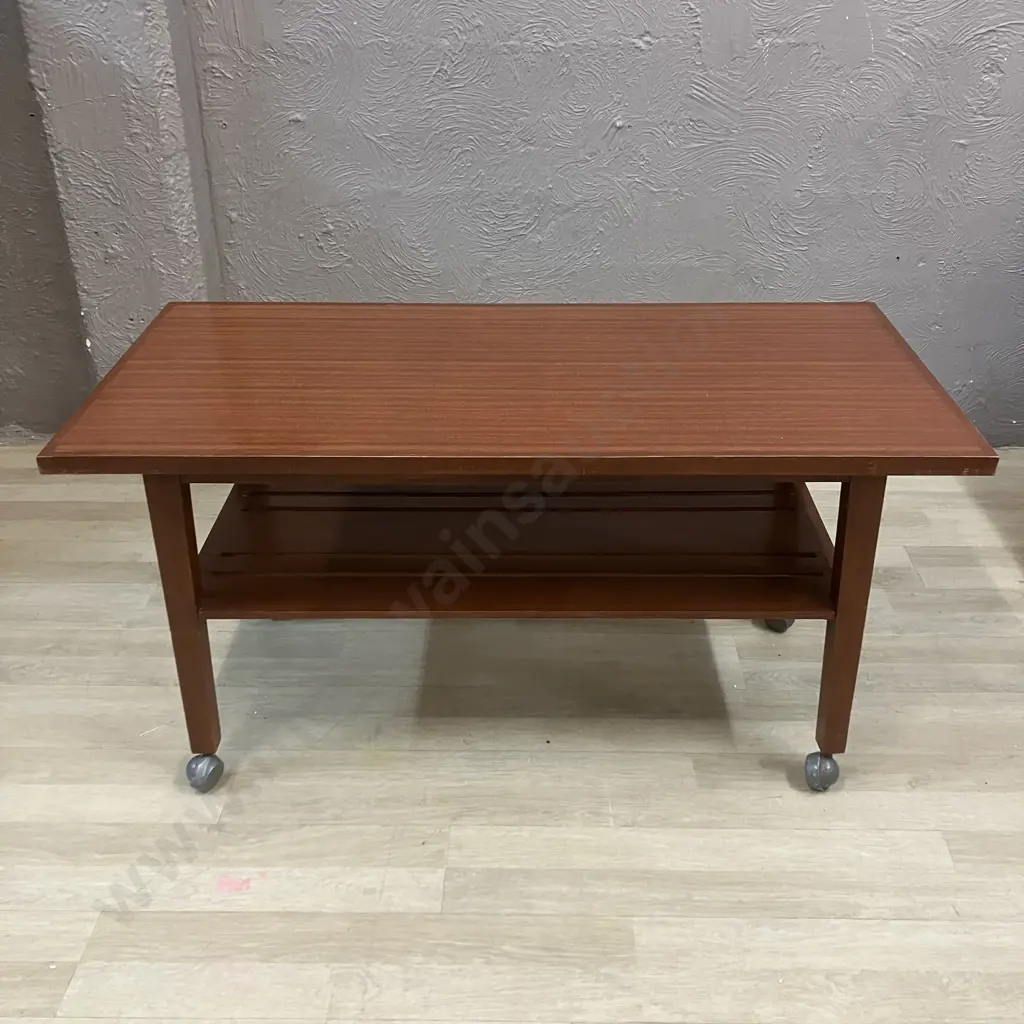 Mid Century Modern Veneer Occasional Table With Slat Undershelf, On Castors. H52 W103.5 D51cm Image 1++
