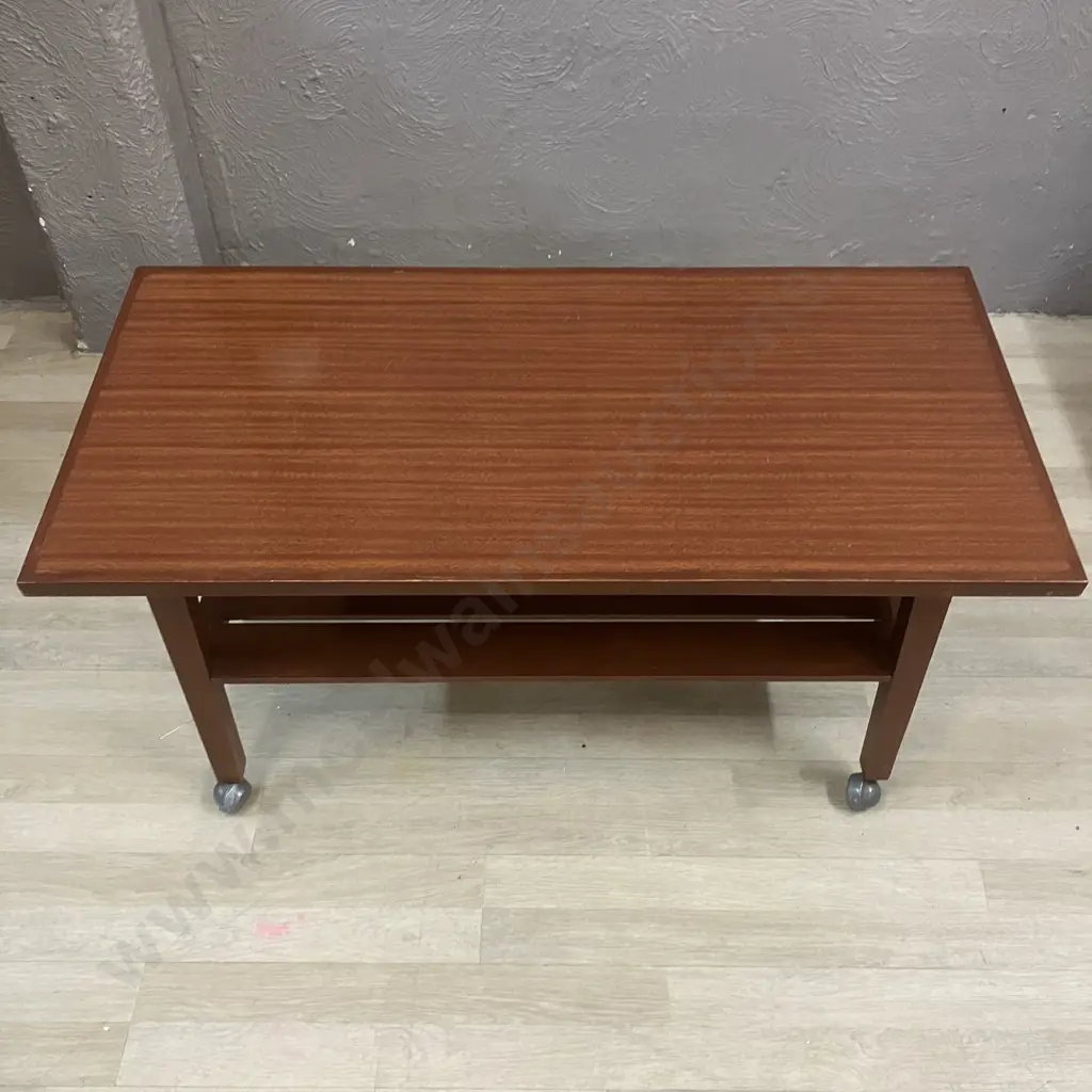Mid Century Modern Veneer Occasional Table With Slat Undershelf, On Castors. H52 W103.5 D51cm Image 1++