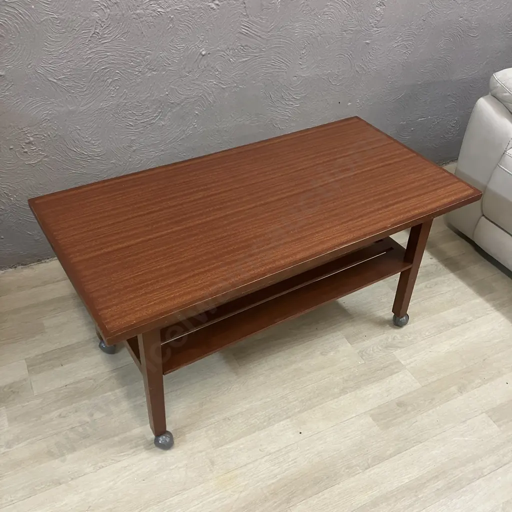 Mid Century Modern Veneer Occasional Table With Slat Undershelf, On Castors. H52 W103.5 D51cm Image 1++