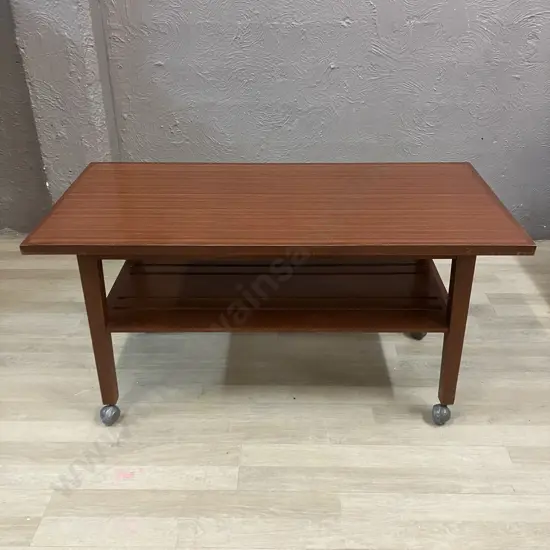 Mid Century Modern Veneer Occasional Table With Slat Undershelf, On Castors. H52 W103.5 D51cm