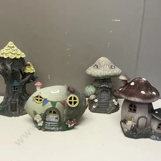 Four Assorted Fairy House Garden Ornaments (As Found) Heights 18 to 32cm