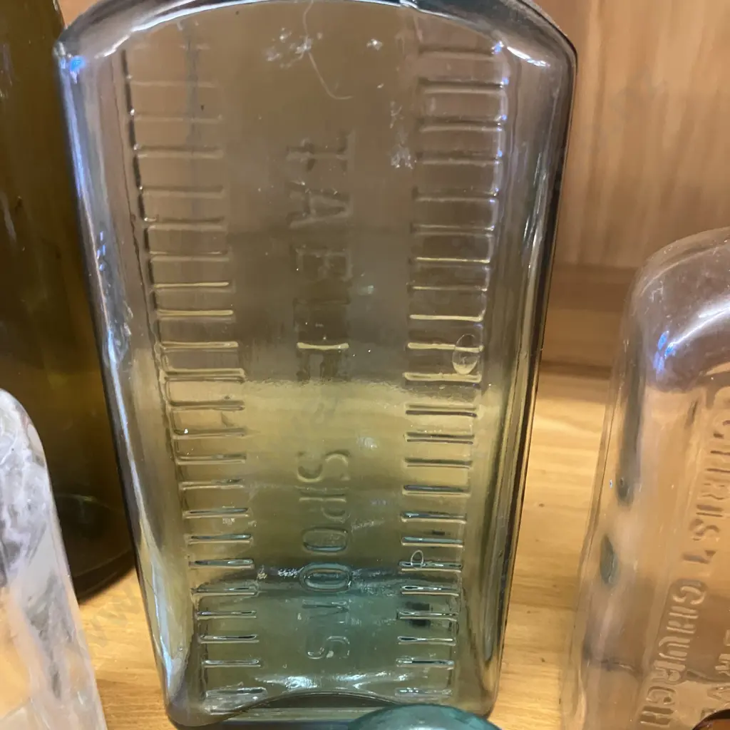 Antique Victorian Aqua Glass Table Spoons Bottle, Aqua Glass FIELDS INK & GUM, Amber Glass Morses Indian Root Pills Etc Image 1++