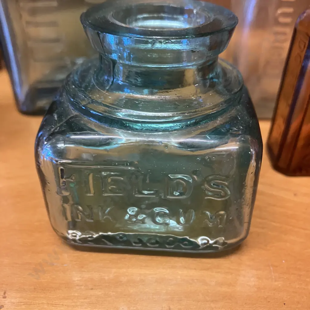 Antique Victorian Aqua Glass Table Spoons Bottle, Aqua Glass FIELDS INK & GUM, Amber Glass Morses Indian Root Pills Etc Image 1++