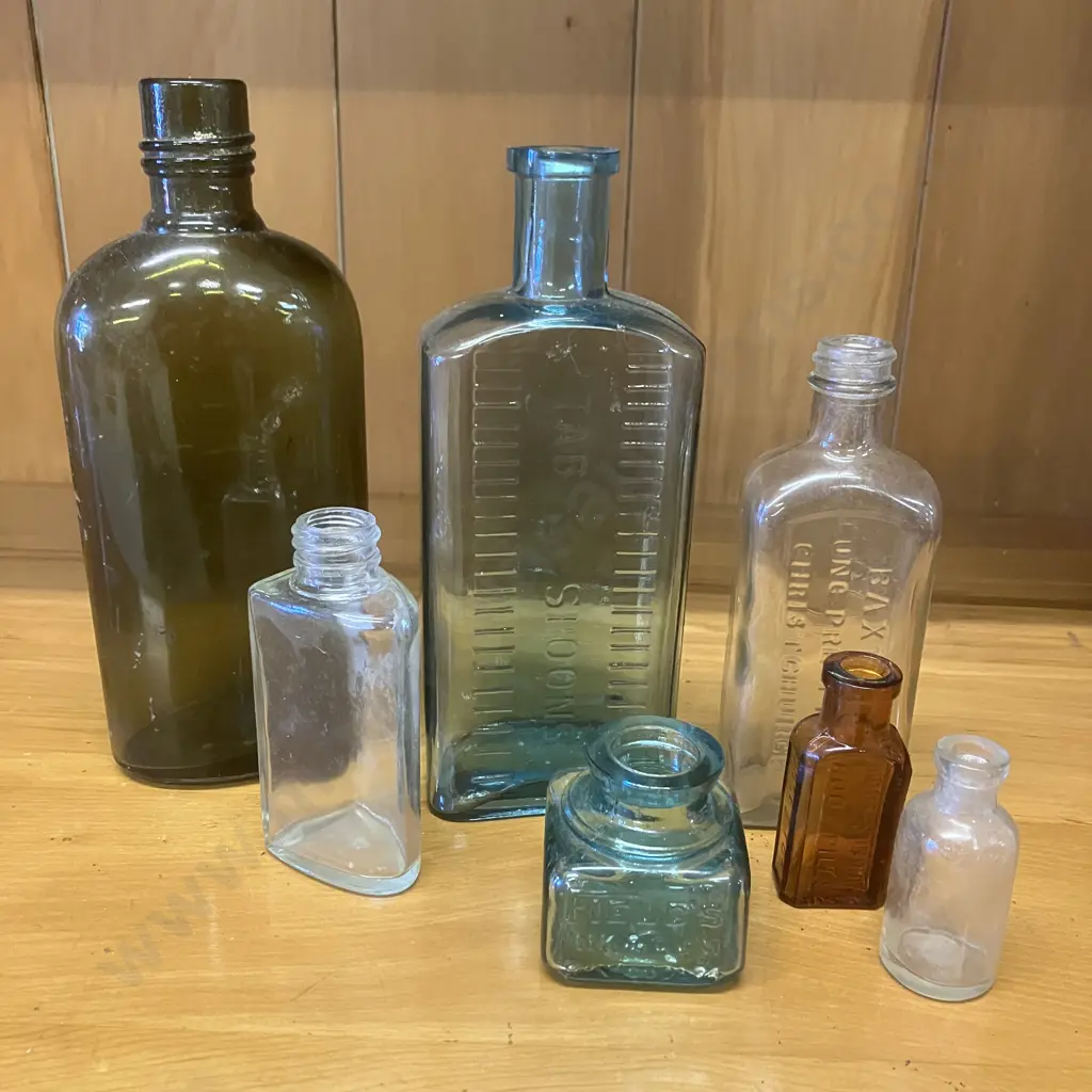 Antique Victorian Aqua Glass Table Spoons Bottle, Aqua Glass FIELDS INK & GUM, Amber Glass Morses Indian Root Pills Etc Image 1++