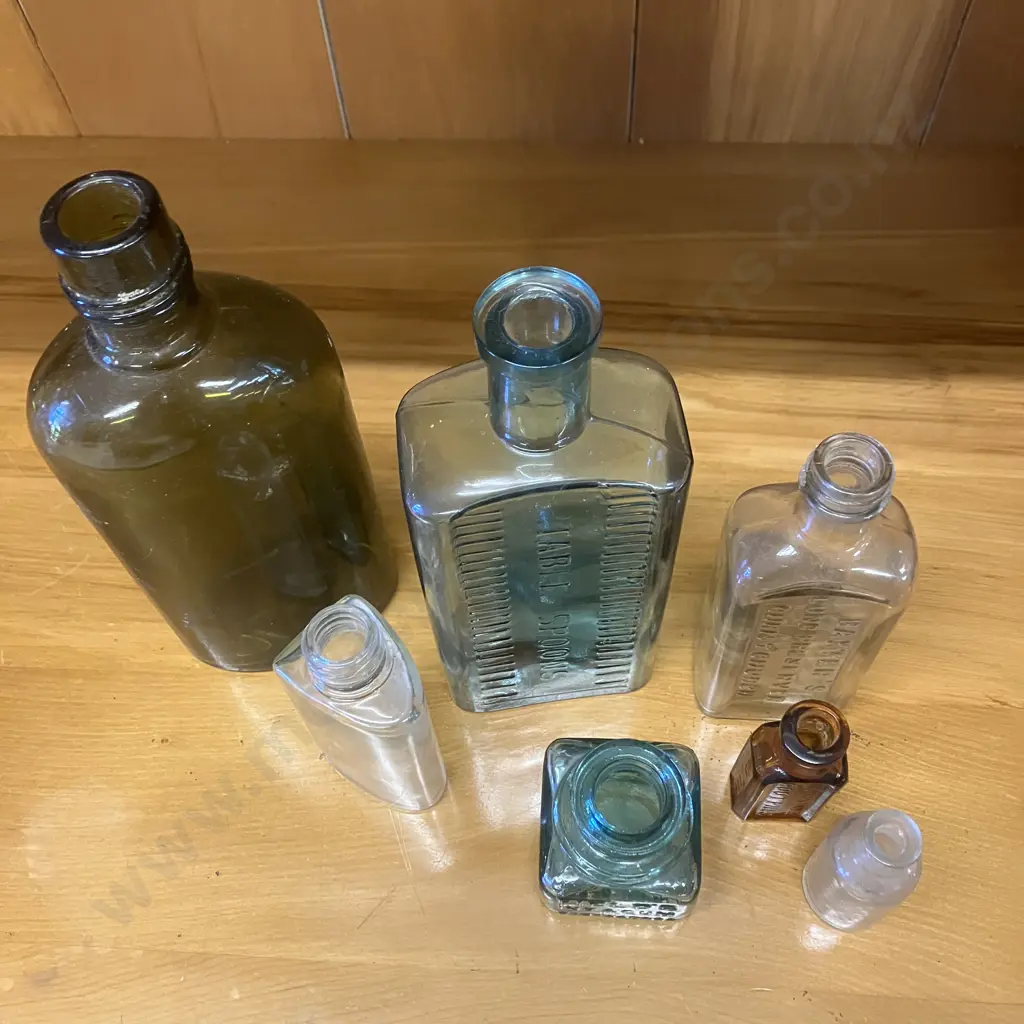 Antique Victorian Aqua Glass Table Spoons Bottle, Aqua Glass FIELDS INK & GUM, Amber Glass Morses Indian Root Pills Etc Image 1++