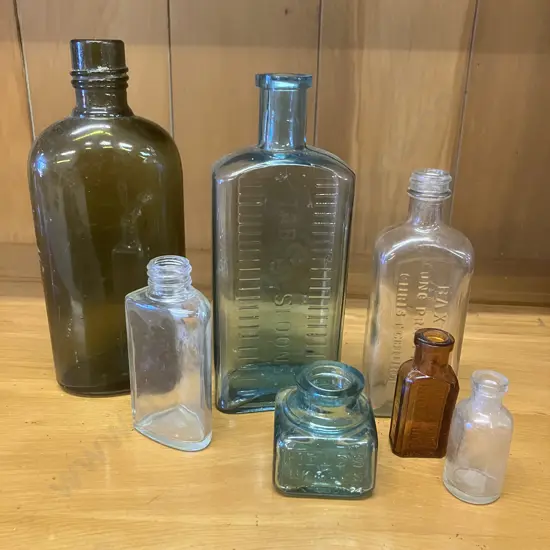 Antique Victorian Aqua Glass Table Spoons Bottle, Aqua Glass FIELDS INK & GUM, Amber Glass Morses Indian Root Pills Etc