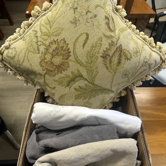 Large Vintage Fringed Tapestry Cushion With Assorted Linen Items Etc