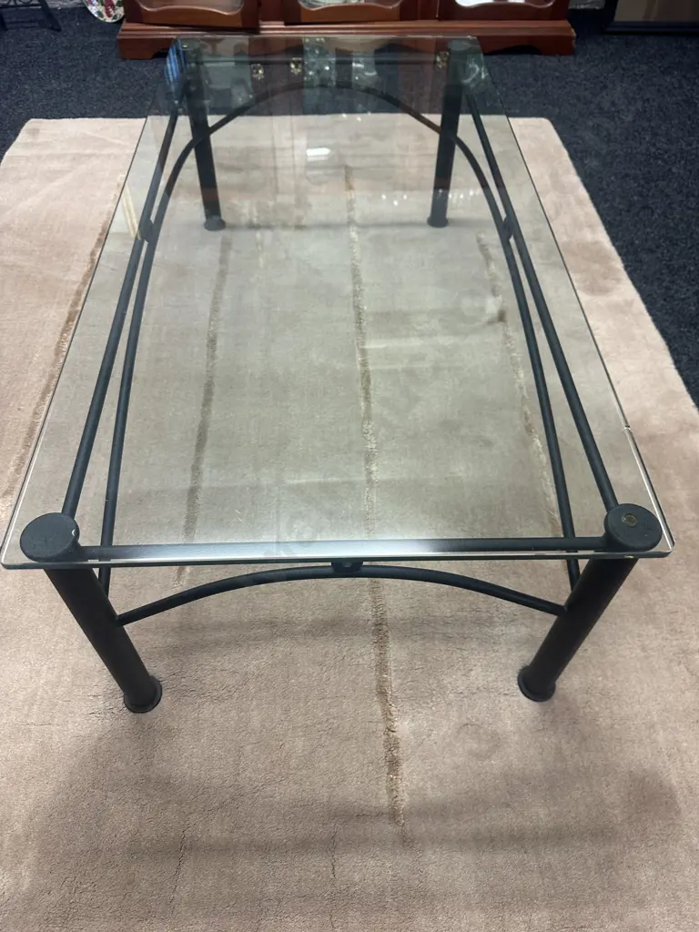 Black Steel Rectangular Coffee Table With Glass Top Small Chip H40,W120,D60cm. Image 1++