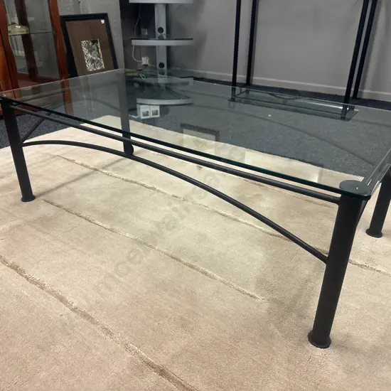Black Steel Rectangular Coffee Table With Glass Top Small Chip H40,W120,D60cm.