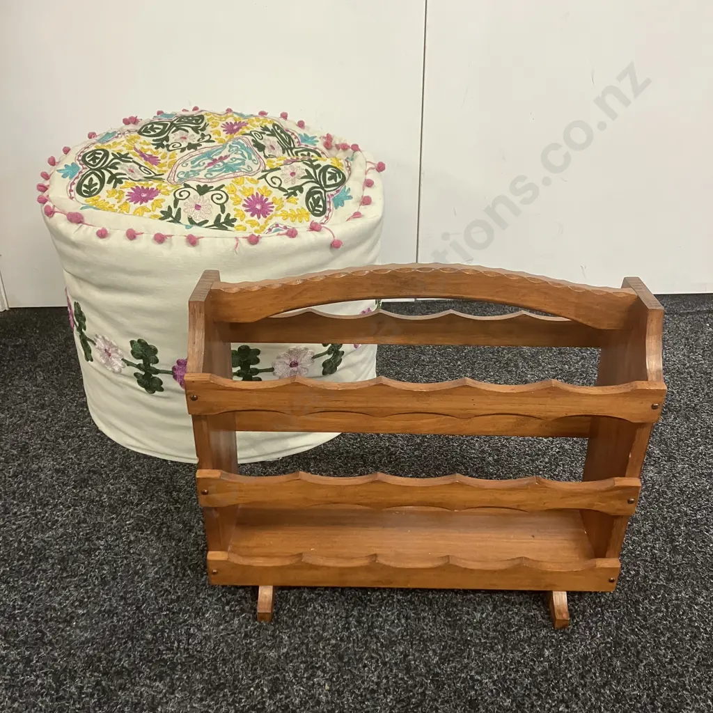 Large Embroidered Pouffe & Rustic Wooden Magazine Rack Image 1++