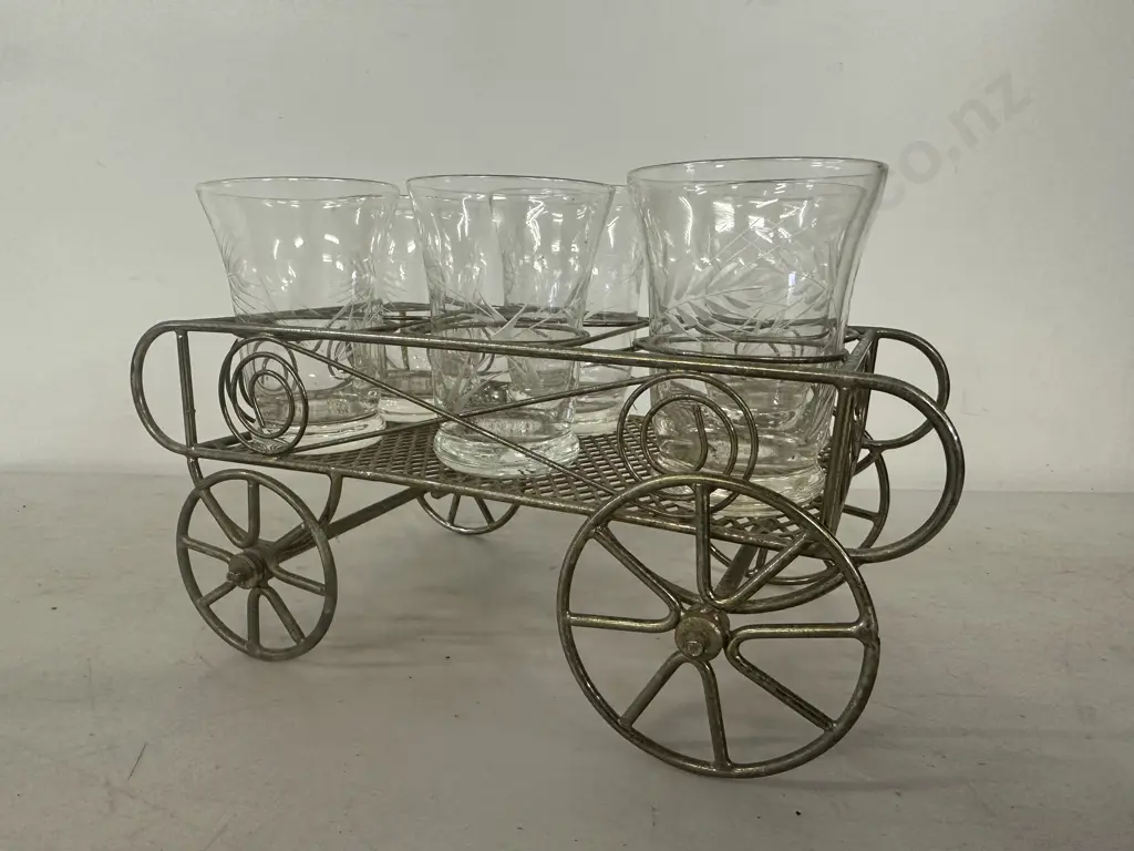 Vintage Wire Cart With Set Of Six Sherry Glasses  Image 1++