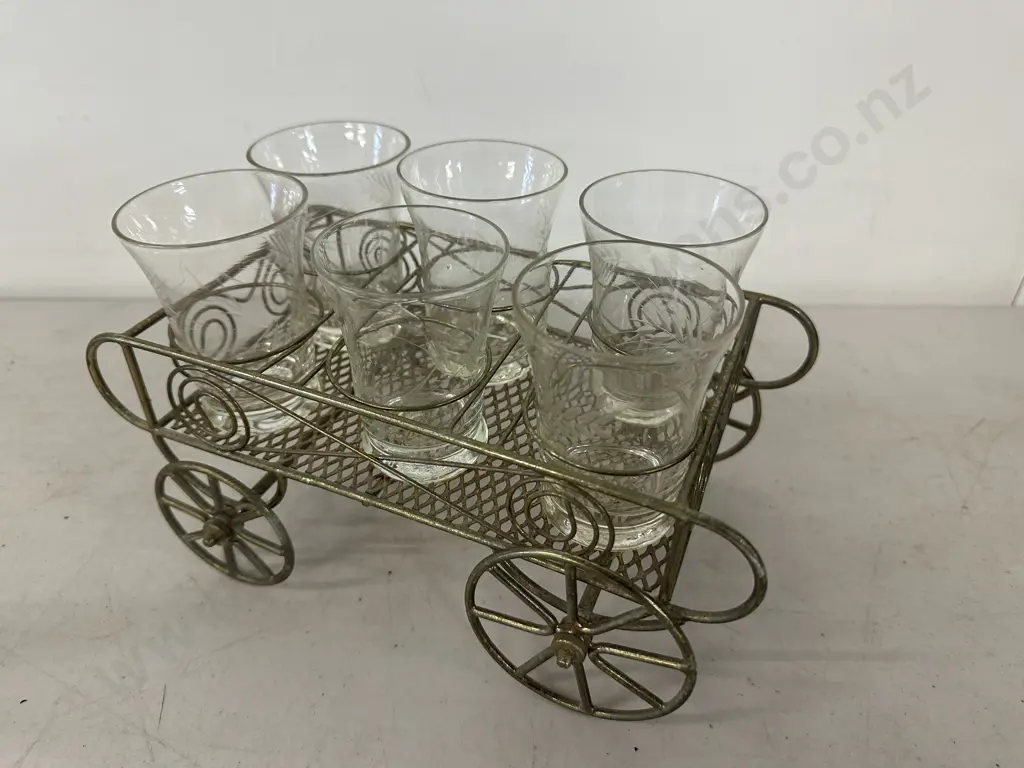 Vintage Wire Cart With Set Of Six Sherry Glasses  Image 1++