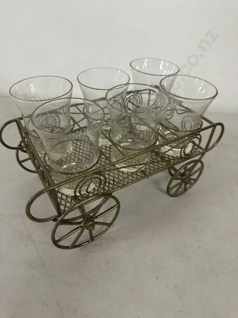 Vintage Wire Cart With Set Of Six Sherry Glasses  Image 1++